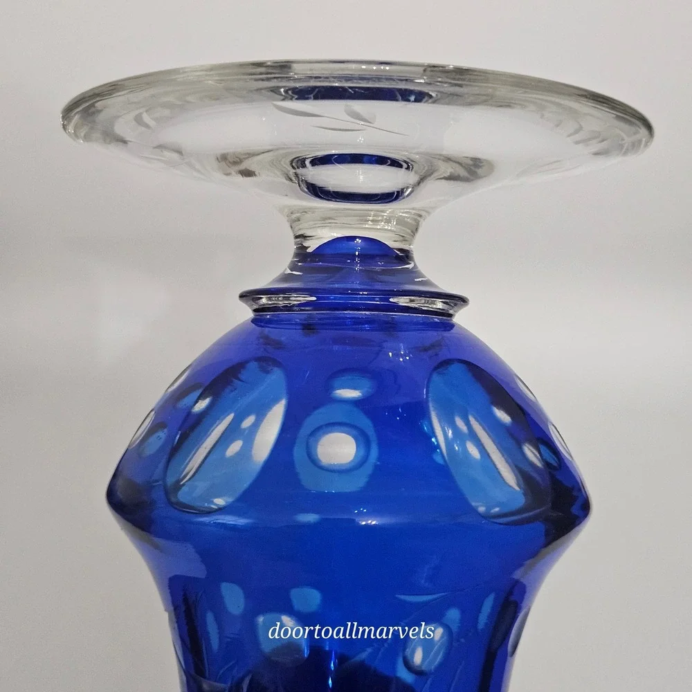 VTG Val St Lambert Footed Vase Cobalt Blue Cut-to-Clear Crystal Europe Art Deco